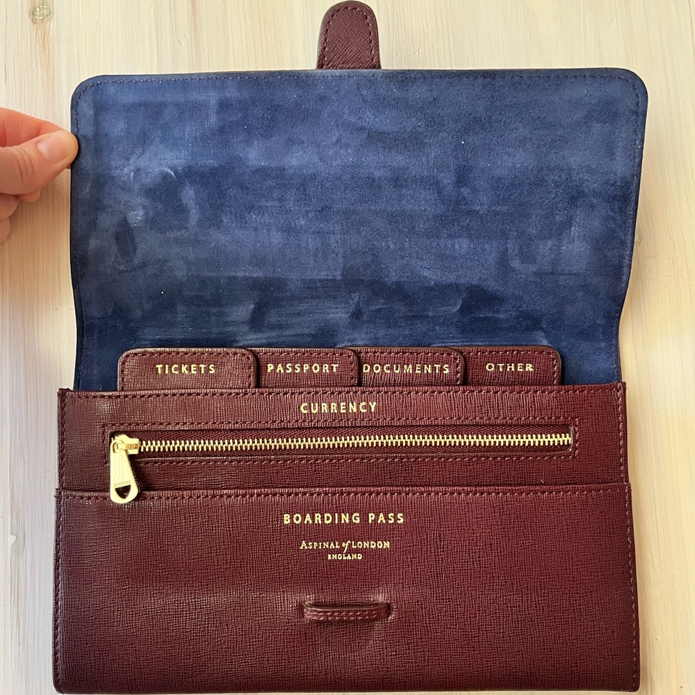 Aspinal of London Travel Wallet, Saffiano Burgandy with Navy Interior